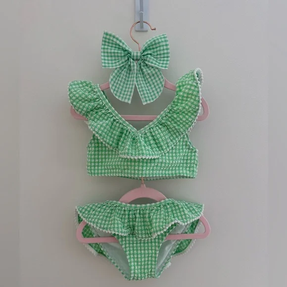 Janie and Jack Mint Green Gingham Ruffle Two-Piece Swimsuit With Matching bow 5T - Picture 1 of 4